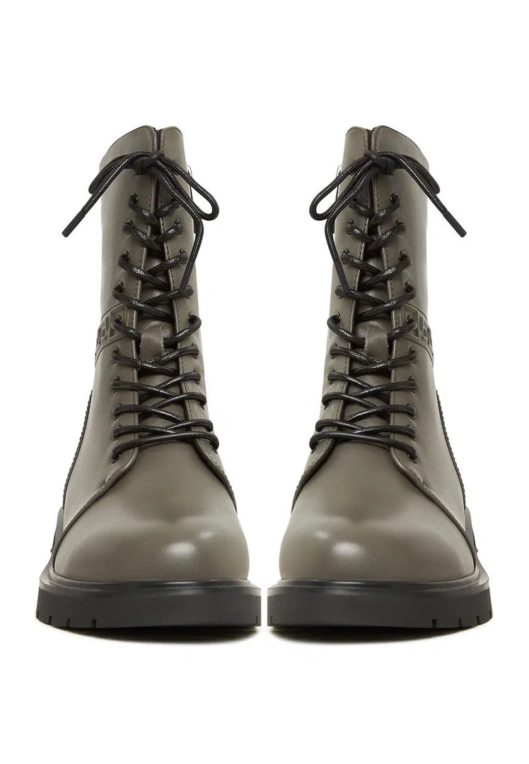 Casual Leather Block Heel Ankle Boots - Grey