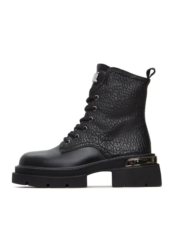 Bottes de combat en cuir texturé noir avec accents métalliques