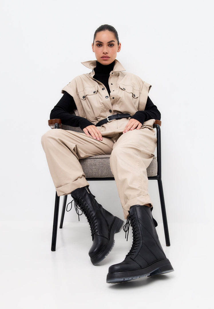 Ankelstøvler med snøre i læder - Sort