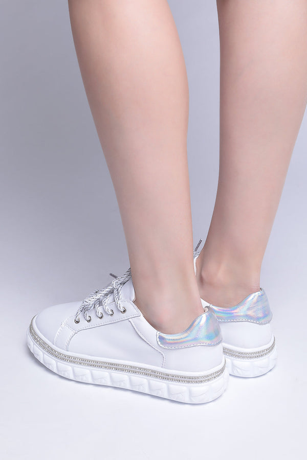 Rhinestone Embellished Platform Sneakers - White