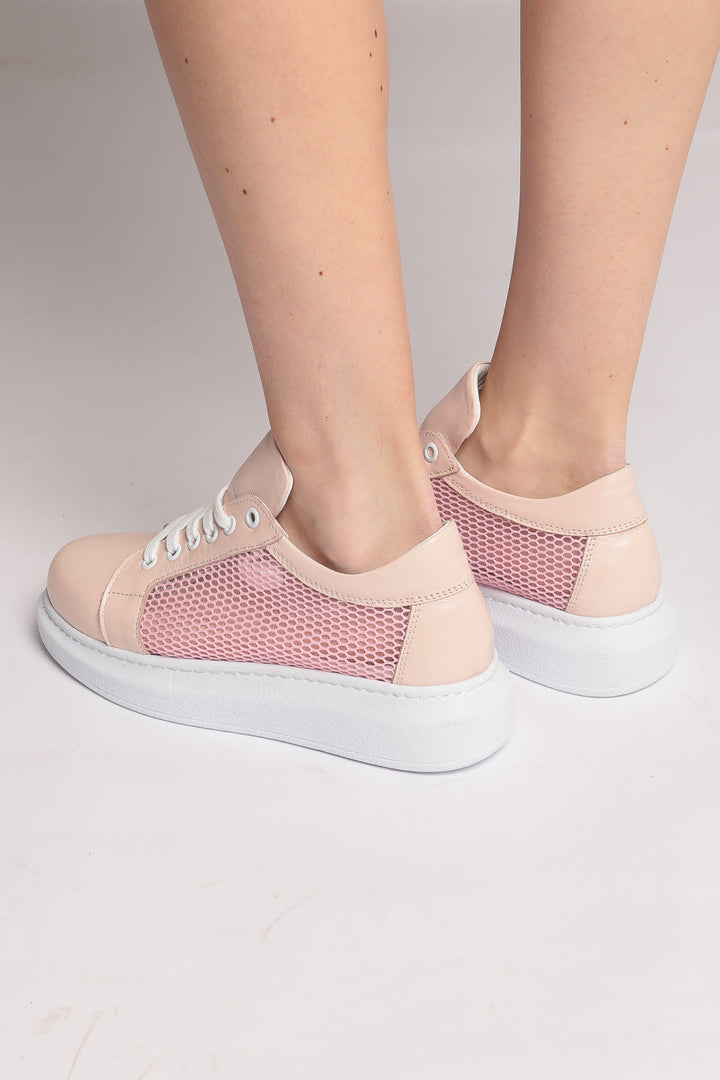 Mesh Panel Lace-Up Sneakers - Pink