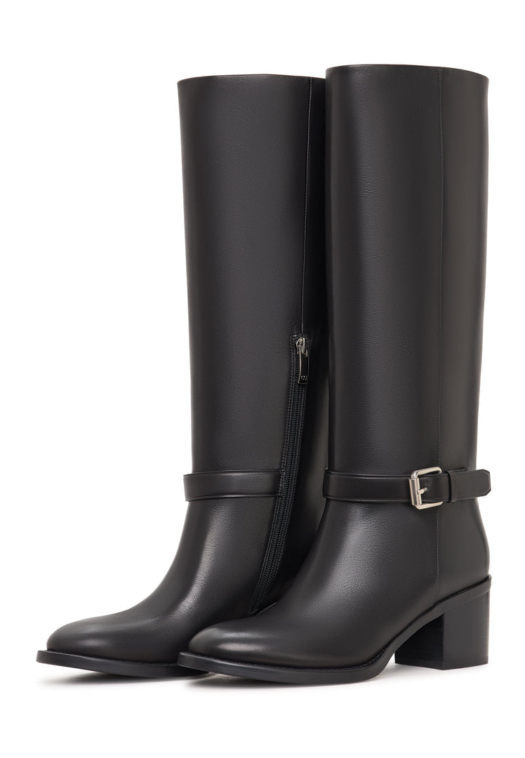 Leather Knee-High Block Heel Boots Beth - Black