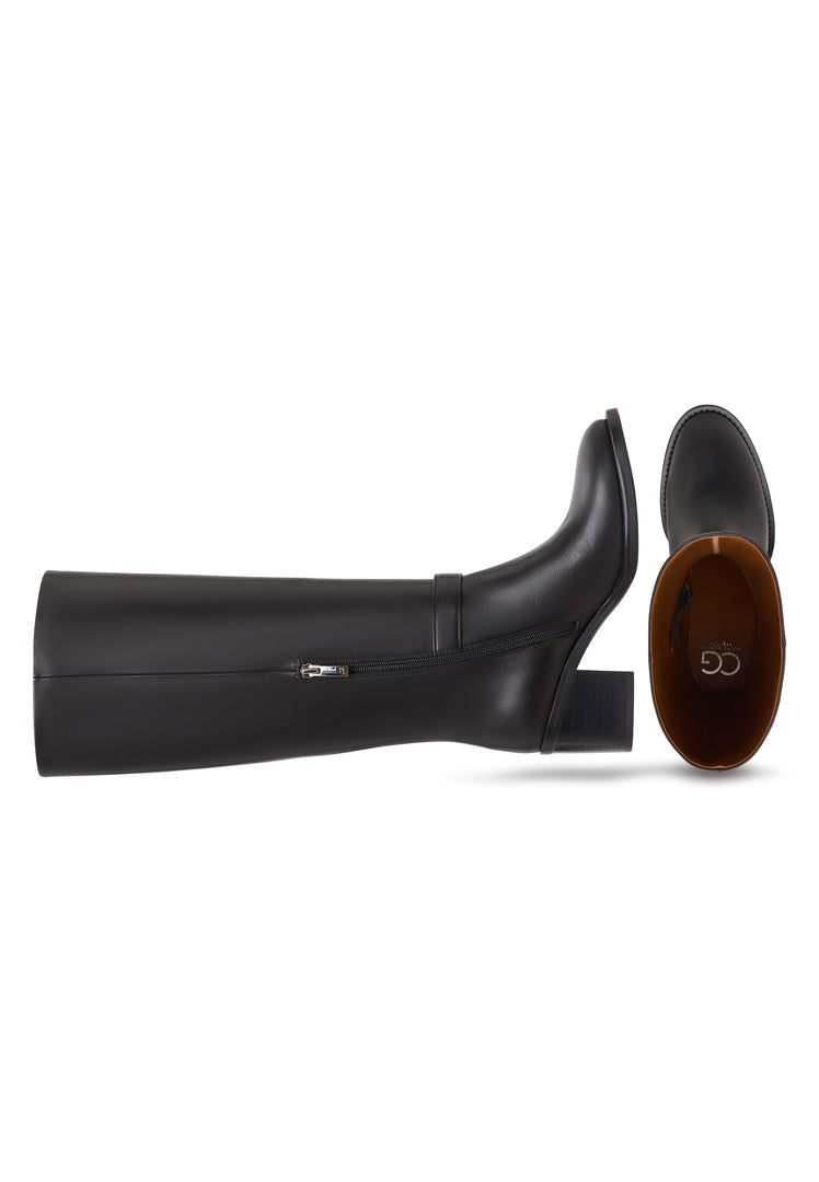 Leather Knee-High Block Heel Boots Beth - Black