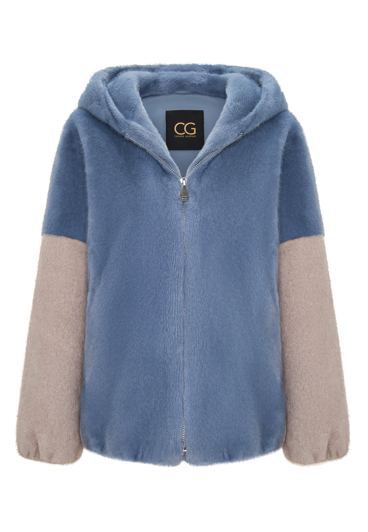 Stylish Hooded Faux Fur Jacket Reyna - Bluep