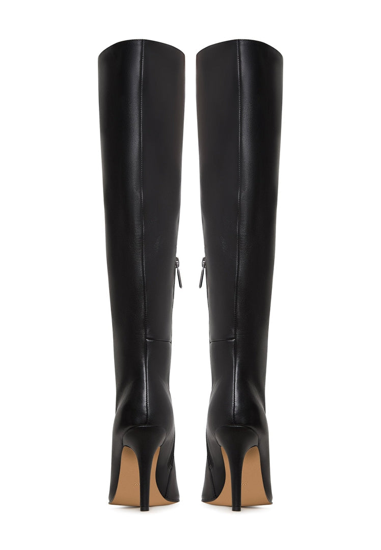 A pair of sleek black leather knee-high boots, a timeless and trendy choice in high heel footwear fashion.