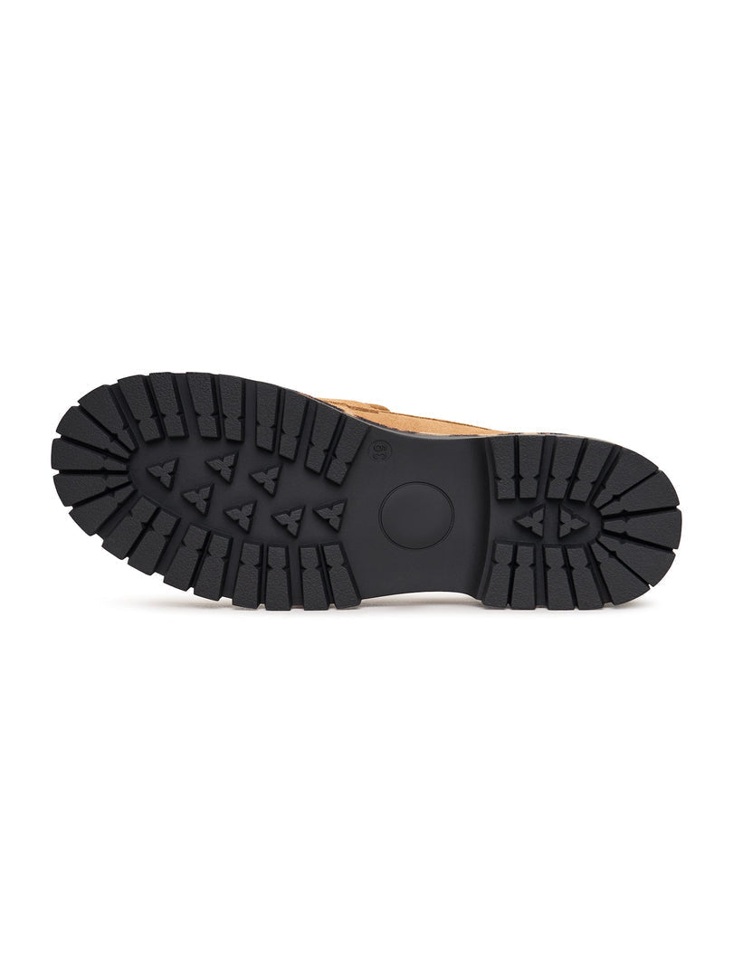 A stylish pair of women's chic loafers in Lily brown with a chunky sole, perfect for trendy fashion footwear looks.