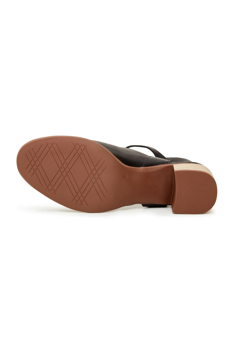 A pair of stylish black leather block heeled sandals, perfect for any occasion.
