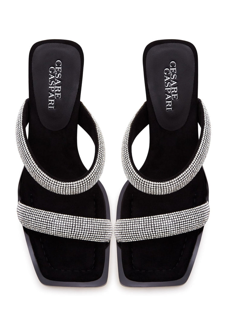 A pair of elegant black suede high heels with jewel embellishments, perfect for women seeking designer luxury footwear.