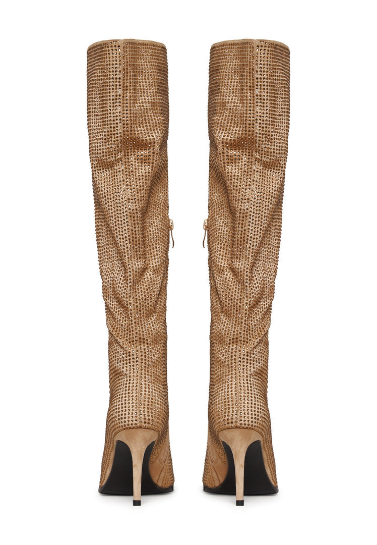 A stylish pair of knee-high gold stiletto boots embellished with jewels, perfect for any glamorous occasion.