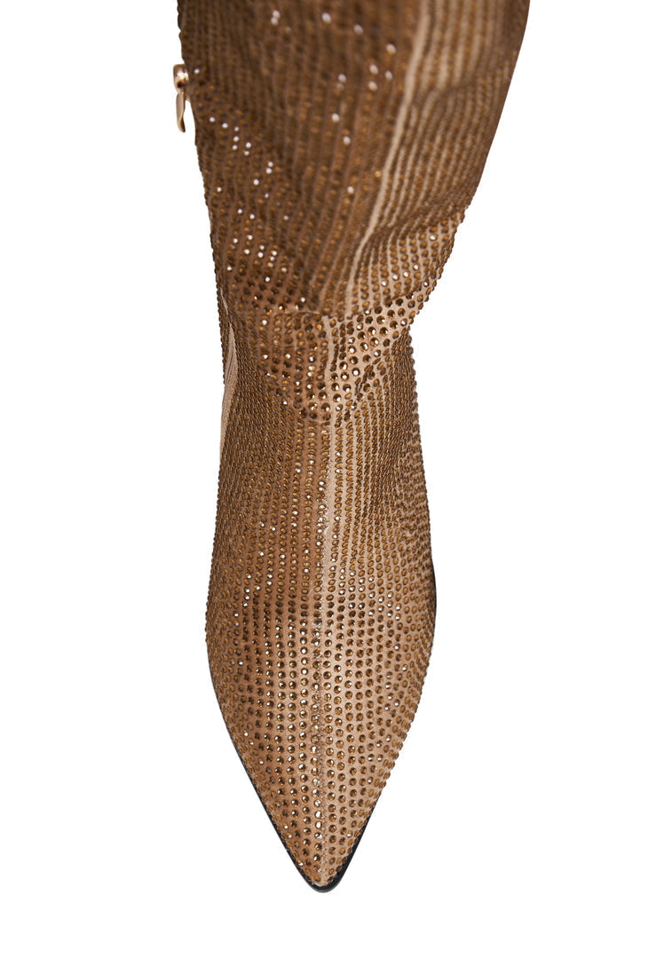 A stunning pair of knee-high gold stiletto boots with jewel embellishments, known as Mili stiletto boots.