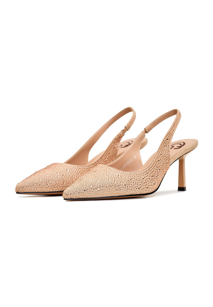 A luxurious pair of gold high heels with jewel embellishments, the Samantha high heels, perfect for women's dress shoes, featuring a stylish suede pump design.
