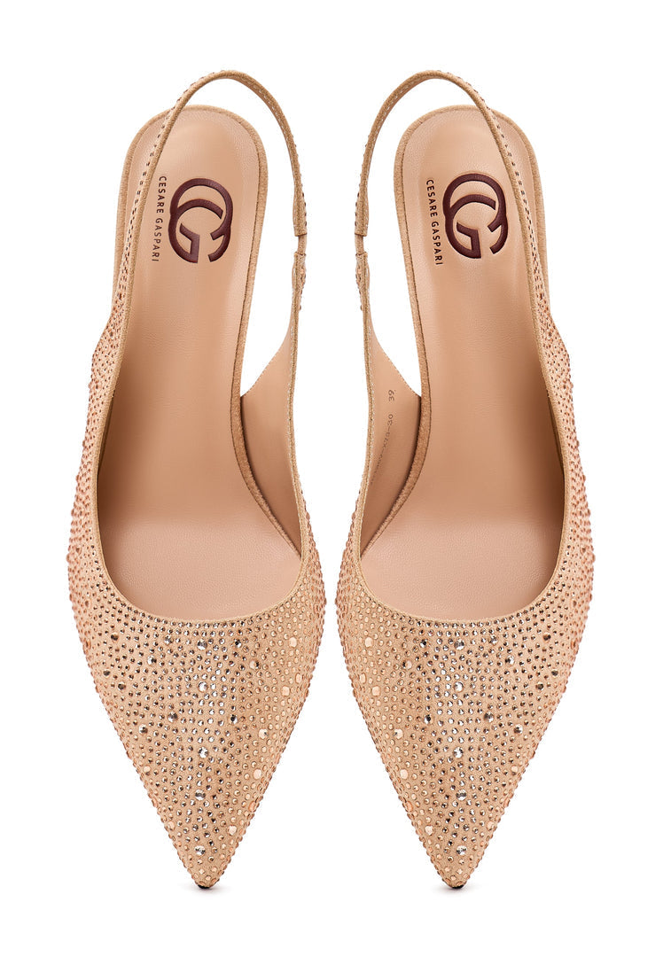 A glamorous pair of gold high heels, featuring jewel embellishments, in the style of Samantha high heels, perfect for women's dress shoes.