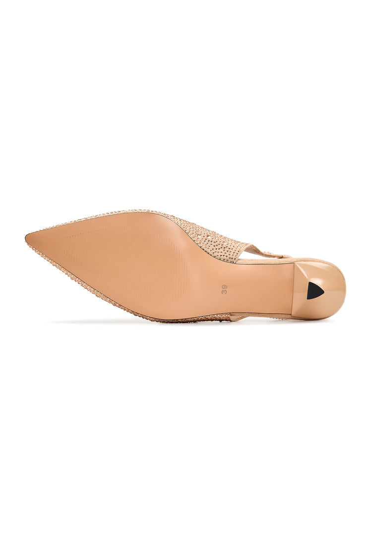 A glamorous pair of gold suede pumps with jewel embellishments, known as the Samantha high heels, perfect for any woman's dress shoe collection.