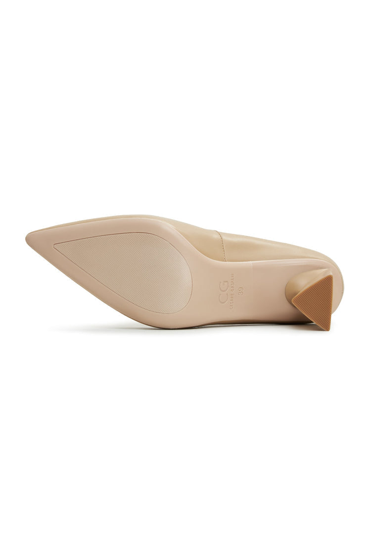 A pair of trendy beige block heel pumps, featuring the stylish Silvia design for women.