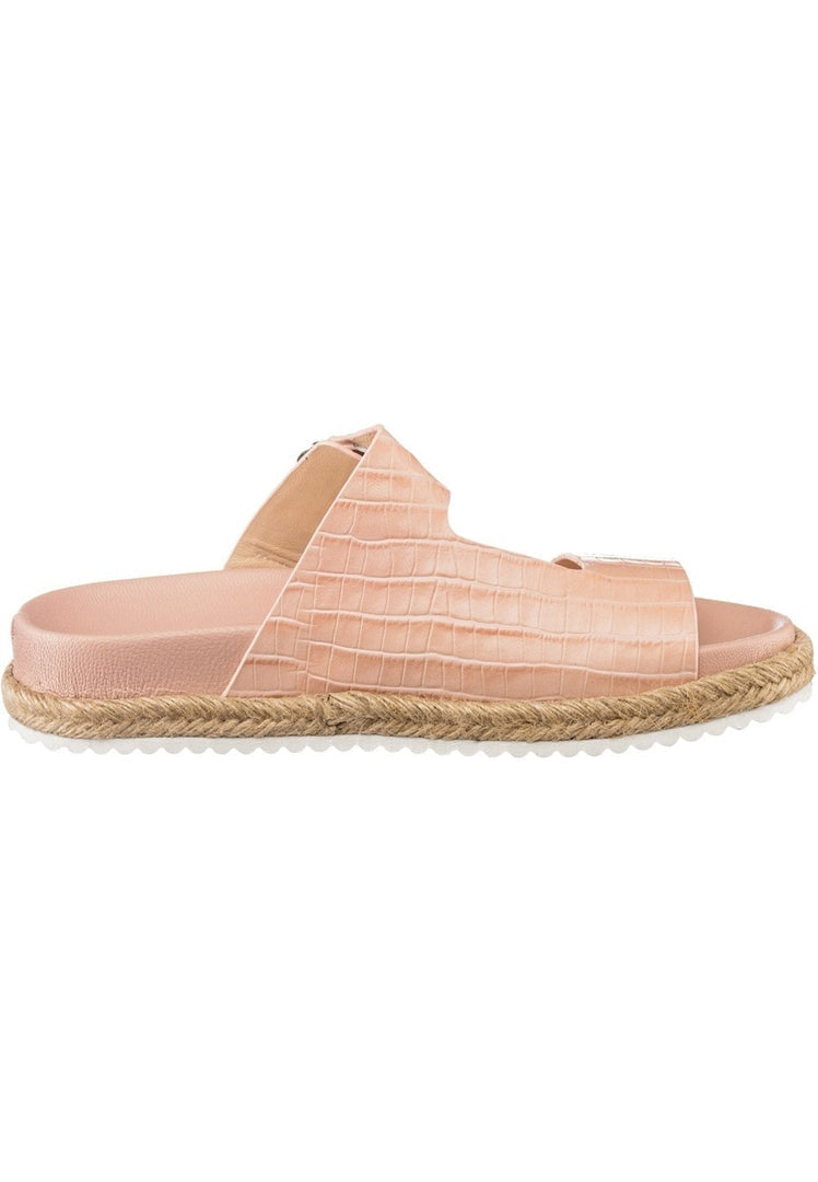 A stylish pair of beige buckle strap slide sandals for women's footwear, perfect for staying on-trend with this summer's fashion.