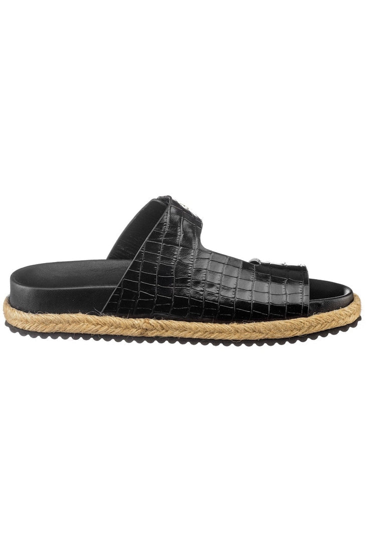 A pair of black slide sandals with buckle straps for women, perfect for a casual and comfortable summer look.