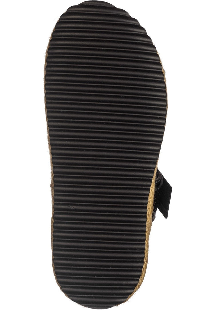 A pair of stylish black buckle strap slide sandals for women, perfect for a casual look.