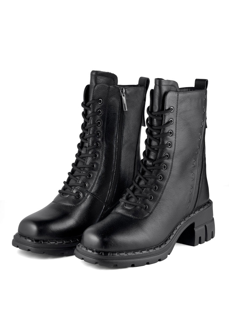 A pair of stylish block heeled classic winter boots with wool insoles, perfect for women's fashion.