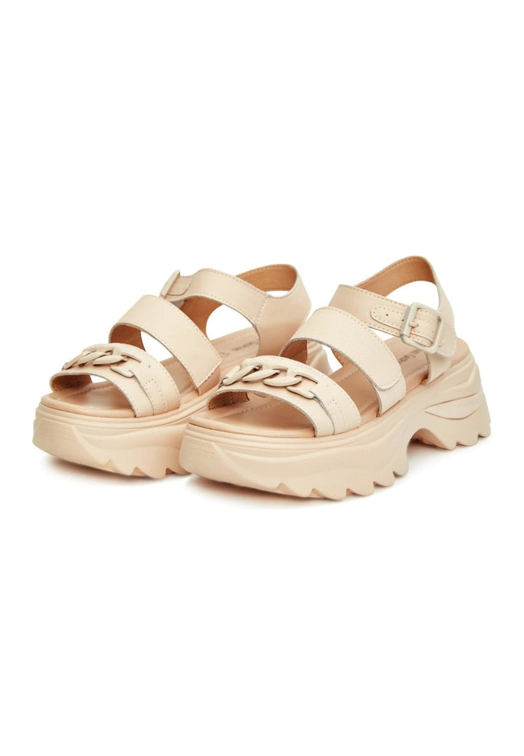A stylish pair of women's leather platform sandals with a high heel, perfect for a fashionable look.