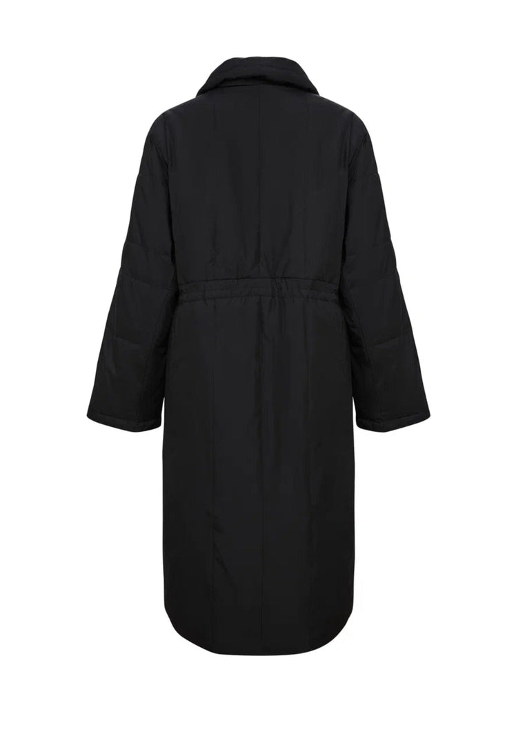 A fashionable black quilted long coat for women, perfect for winter outerwear.