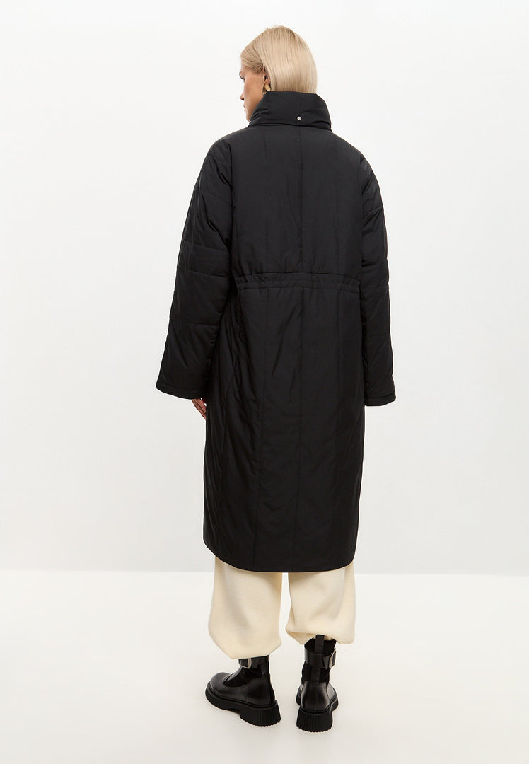 A stylish black quilted coat for women, featuring a long design perfect for winter outerwear fashion.