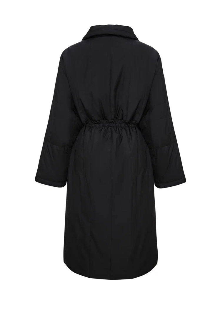 A stylish black quilted long coat for women, perfect as fashionable winter outerwear.