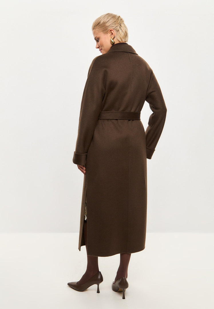 A stylish Classic Luxe Long Coat Rosie in dark brown, perfect for women's fashion and the winter coat trend, showcasing luxe outerwear design.