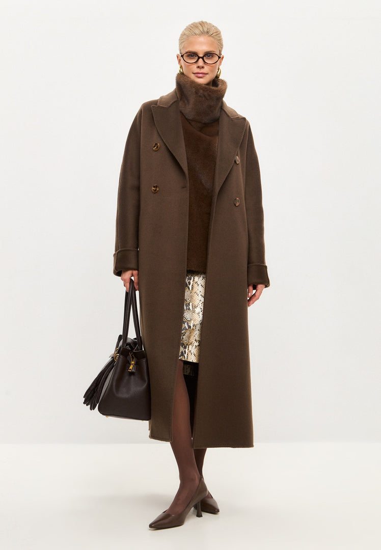 A stylish and elegant Classic Luxe Long Coat Rosie in Dark Brown, a must-have luxe outerwear for women's fashion and the perfect winter coat trend.