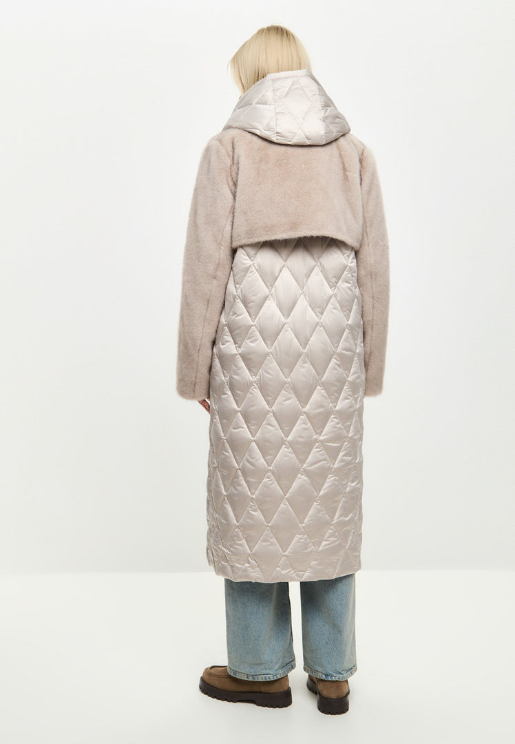 A stylish women's winter outerwear featuring a quilted faux fur coat with pearl embellishments, a chic design and a belted waist.