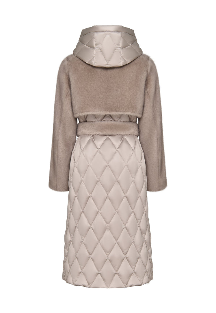 A fashionable quilted faux fur coat for women's winter outerwear, featuring pearl embellishments and a belted design for a chic winter look.