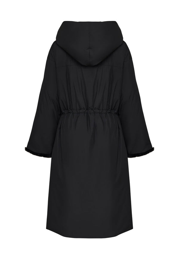 Oversized Hooded Puffer Coat with Faux Fur Cuffs - Black