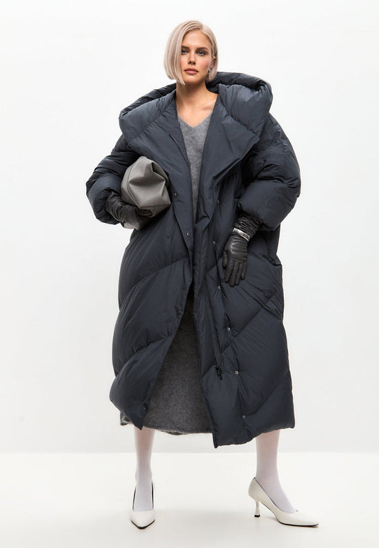 Oversized Hood Quilted Puffer Coat - Grey