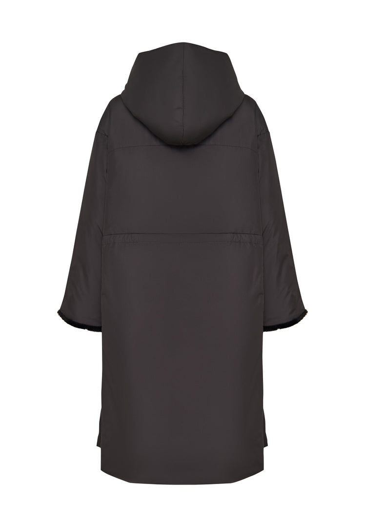 Oversized Hooded Puffer Coat with Faux Fur Cuffs - Gray