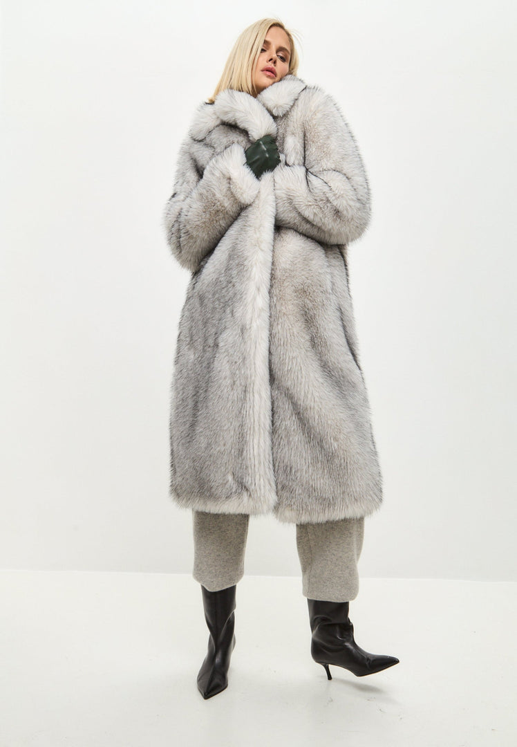 A stylish and cozy gray faux fur coat, the epitome of luxurious outerwear for winter fashion, perfect for women's outfits.