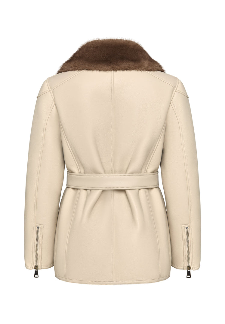 Luxurious Women’s Shearling-Lined Beige Coat with Belt – Elegant Winter Jacket