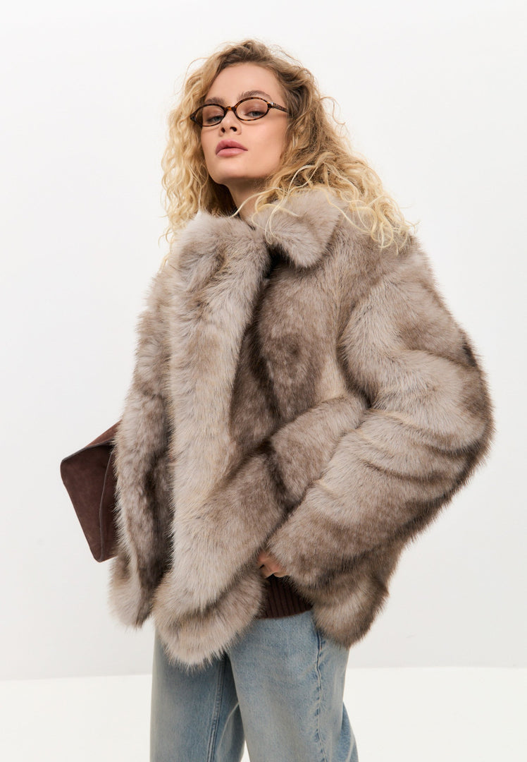 Elegant Brown Faux Fur Coat - Brown