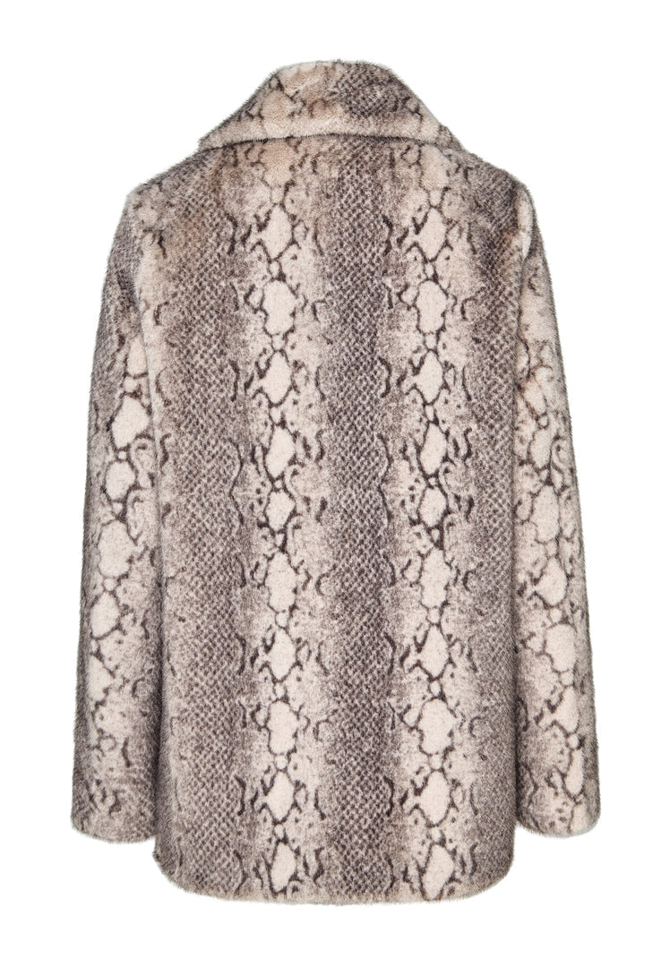 A trendy Niuvis beige faux fur coat with snake print design, perfect stylish outerwear for trendy winter fashion.