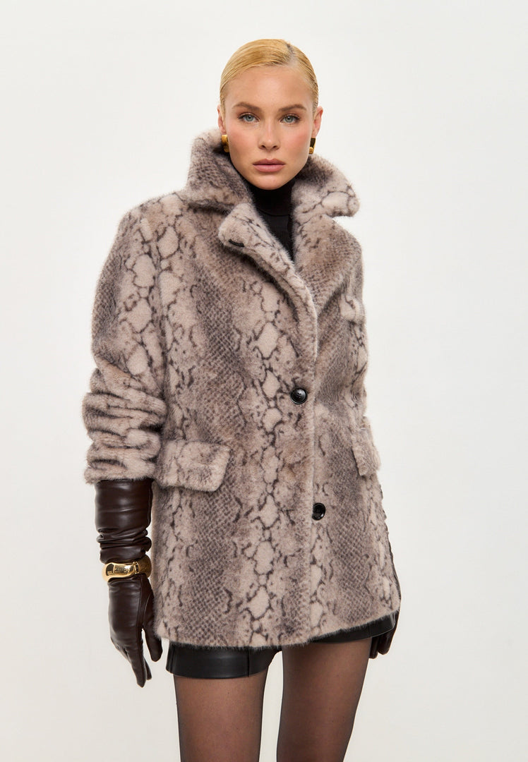 Stylish Beige Snake Print Faux Fur Coat Niuvis - Beige