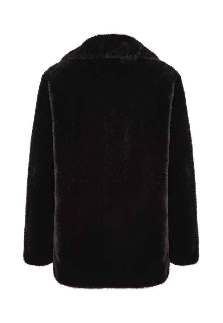 A fashionable black faux fur Niuvis coat, elegantly chic and perfect for any fashion-forward outfit.