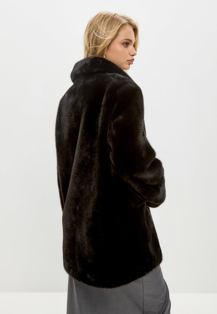 A stylish black faux fur Niuvis coat, the epitome of chic fashion.