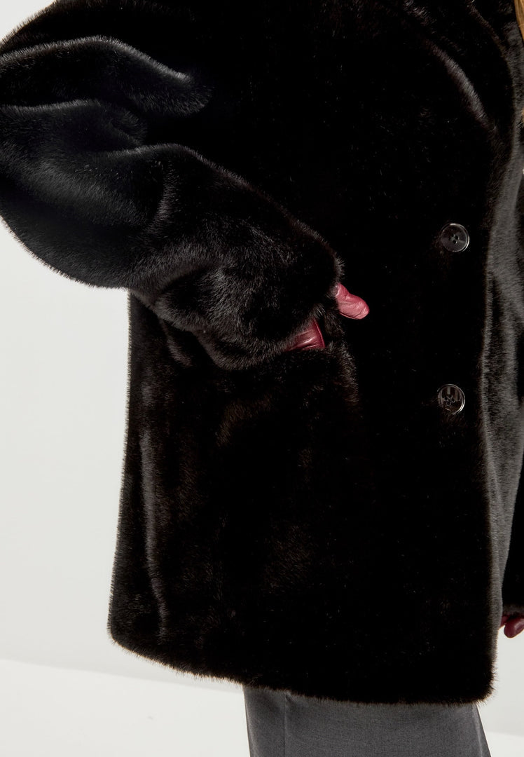 A stylish black faux fur Niuvis coat, the epitome of chic fashion.