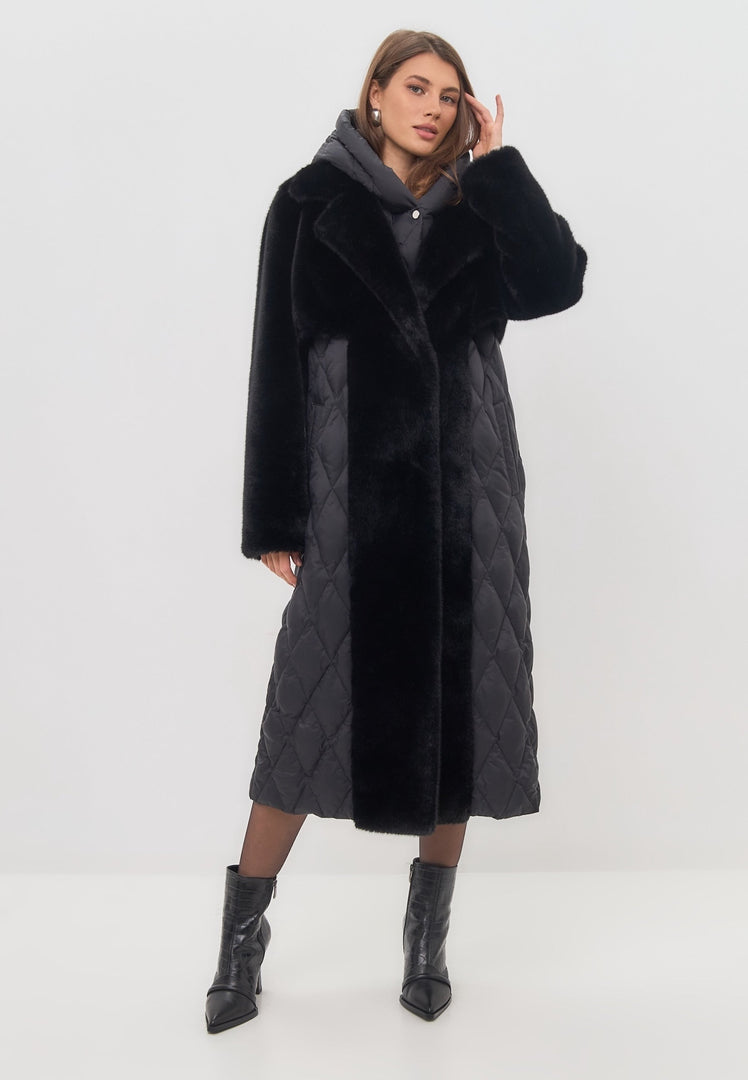 Quilted Faux Fur Black Coat for Women