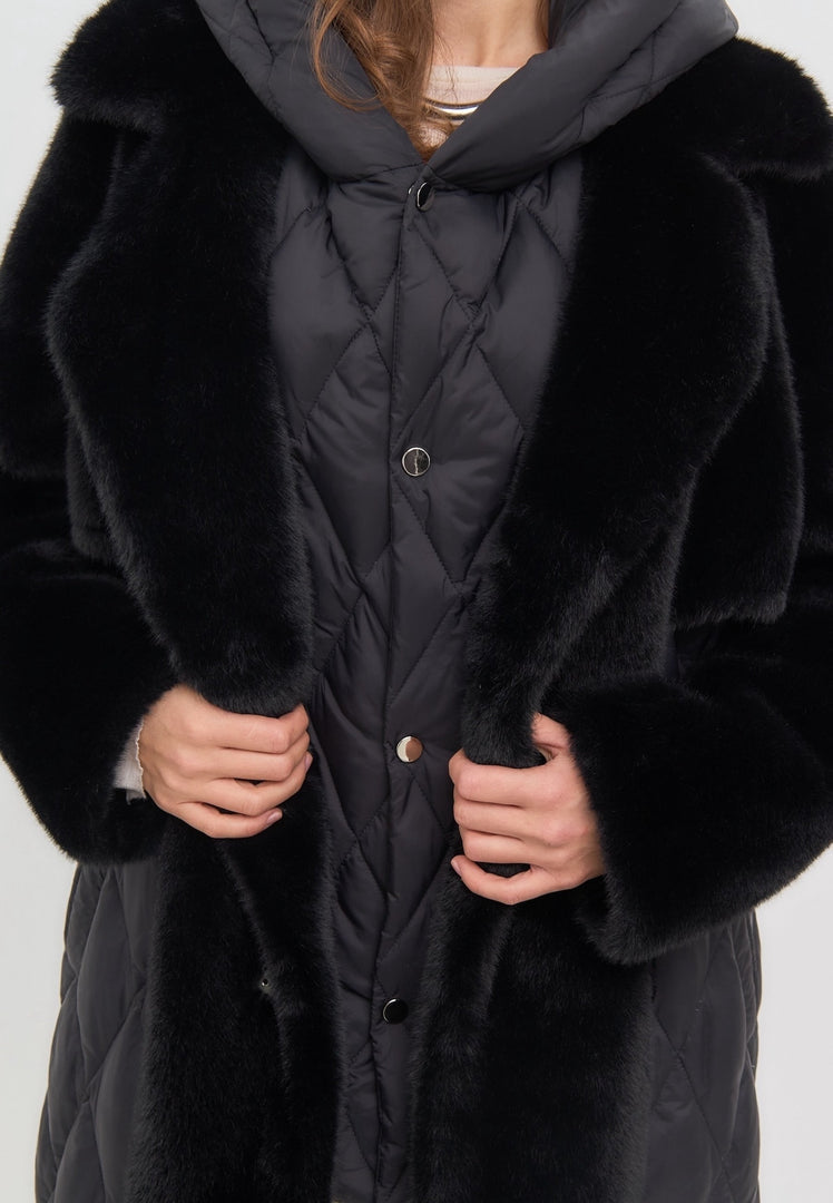 Quilted Faux Fur Black Coat for Women