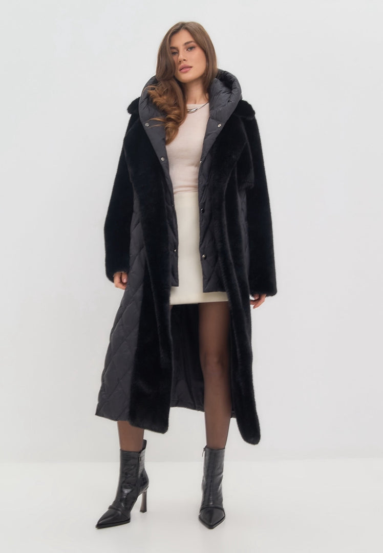 Quilted Faux Fur Black Coat for Women