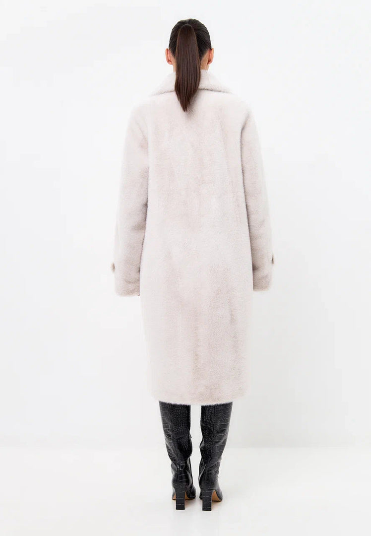 A stylish white Miriam coat with faux fur detailing and double buttons, perfect for winter fashion.