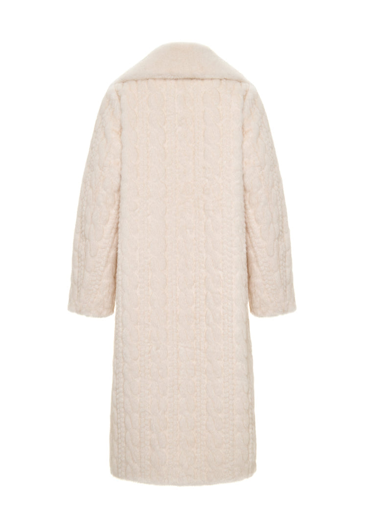 Stay cozy and chic in this elegant cream cable knit coat with a faux fur collar, the perfect winter essential for a stylish look.