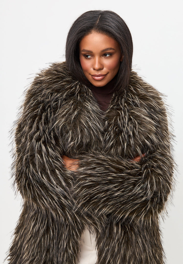 A stylish and cozy brown faux fur coat from North, the perfect high-end designer piece for winter fashion.