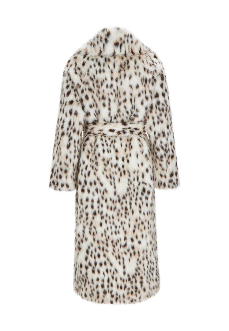 A stylish winter fashion coat featuring a luxe faux fur design with a trendy spotted pattern.