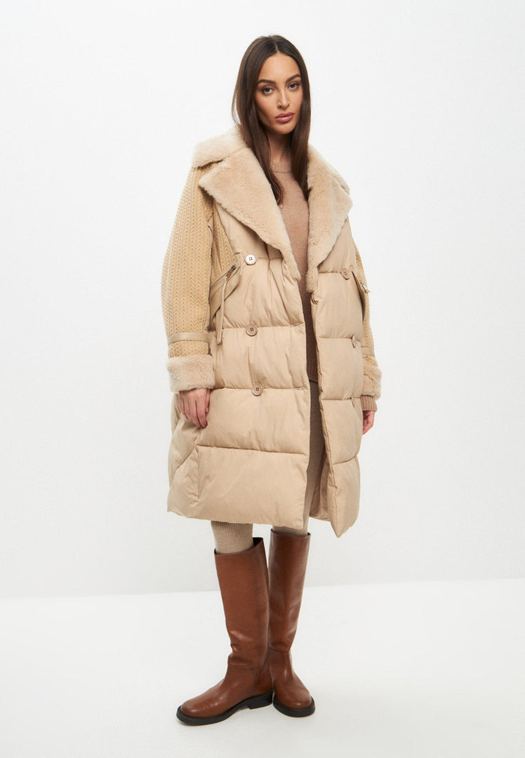 A stylish long quilted beige coat in an oversize style, perfect as a winter jacket for women's outerwear fashion.