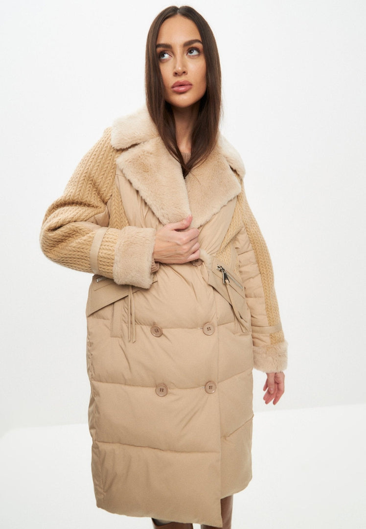 A stylish beige long quilted coat, perfect for winter, in an oversize style for women's outerwear fashion.